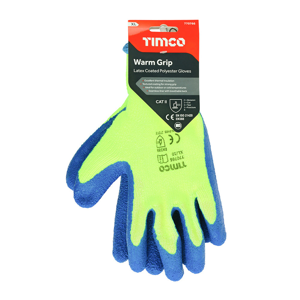 This is an image of Timco - Warm Grip Gloves - Crinkle Latex Coated Polyester X Large (1 Pairs Backing Card) 770766