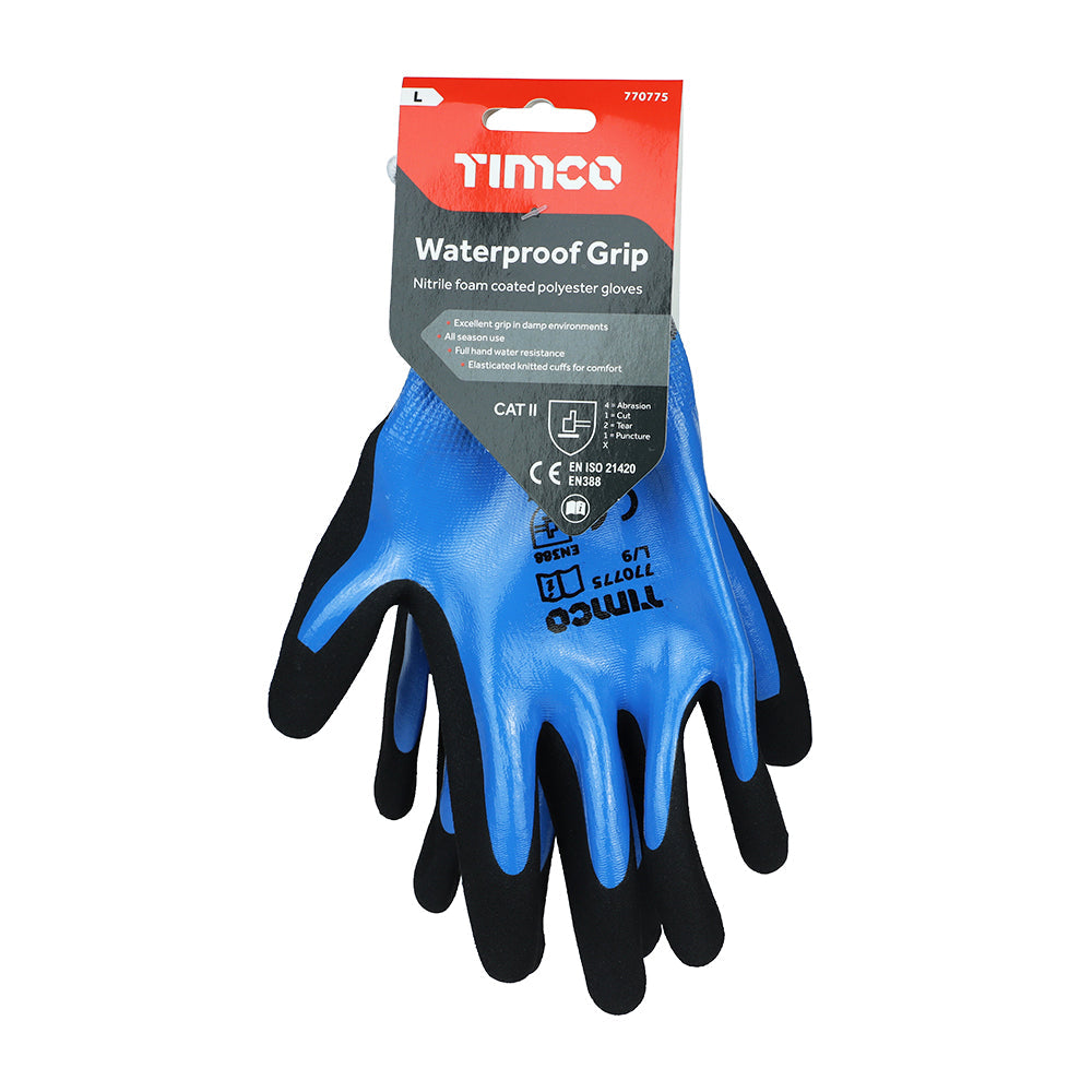 This is an image of Timco - Waterproof Grip Gloves - Sandy Nitrile Foam Coated Polyester Large (1 Pairs Backing Card) 770775