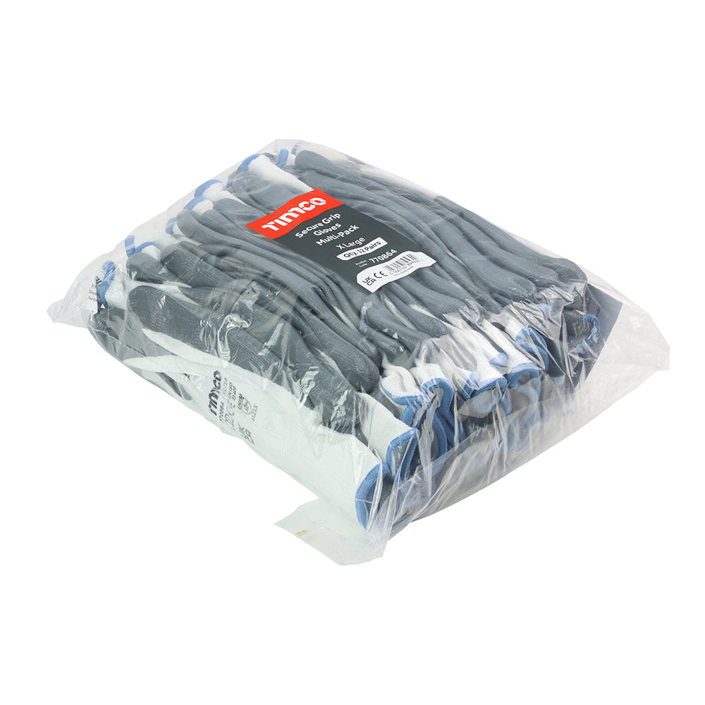 This is an image of Timco - Secure Grip Gloves - Smooth Nitrile Foam Coated Polyester - Multi Pack X Large (12 Pairs Bag) 770864