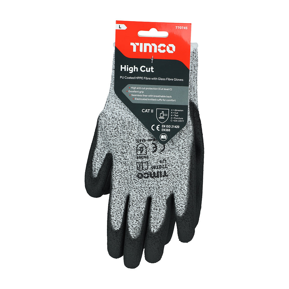 This is an image of Timco - High Cut Gloves - PU Coated HPPE Fibre with Glass Fibre Medium (1 Pairs Backing Card) 770885