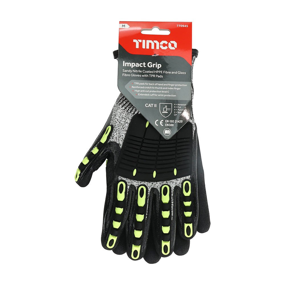 This is an image of Timco - Impact Cut Glove - Sandy Nitrile Coated HPPE Fibre and Glass Fibre Gloves with TPR Pads Medium (1 Pairs Backing Card) 770945
