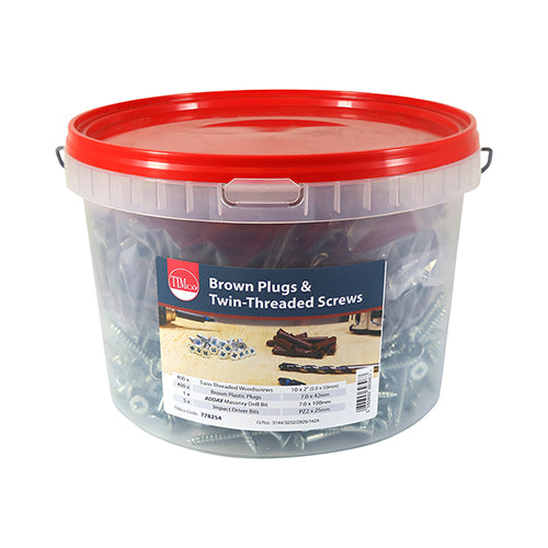 This is an image of Timco - Brown Premium Plastic Plugs with Screws 42mm - (400 PCS Tub) 778254
