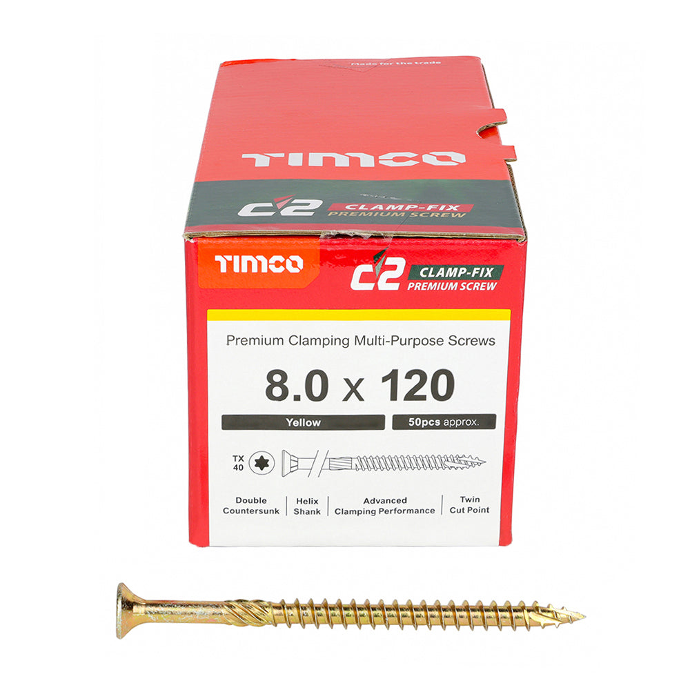 This is an image of Timco - C2 Clamp-Fix Screws - TX - Double Countersunk with Ribs - Twin-Cut - Yellow 8.0 x 120mm - (50 PCS Box) 80120C2C