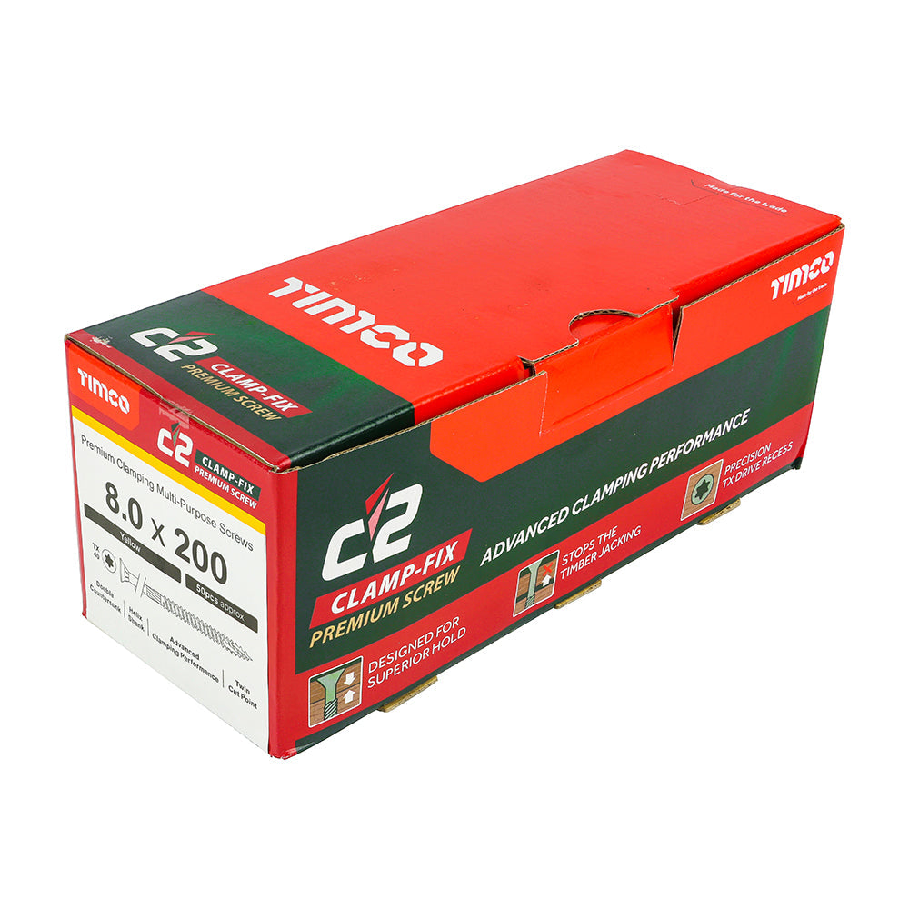 This is an image of Timco - C2 Clamp-Fix Screws - TX - Double Countersunk with Ribs - Twin-Cut - Yellow 8.0 x 200mm - (50 PCS Box) 80200C2C