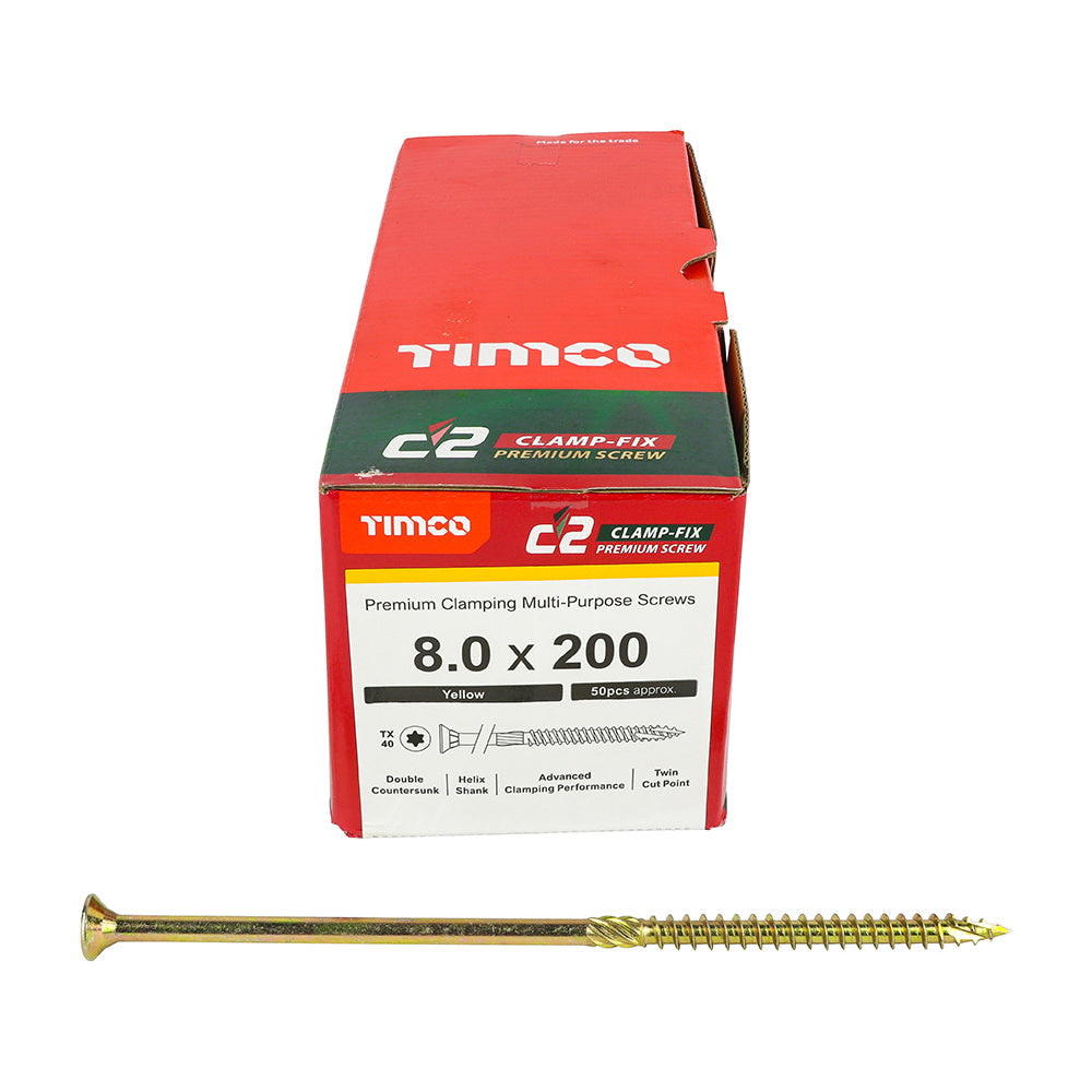 This is an image of Timco - C2 Clamp-Fix Screws - TX - Double Countersunk with Ribs - Twin-Cut - Yellow 8.0 x 200mm - (50 PCS Box) 80200C2C