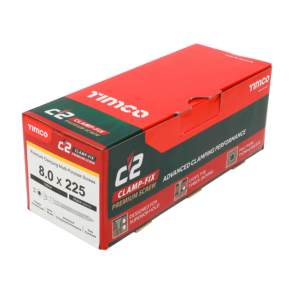 This is an image of Timco - C2 Clamp-Fix Screws - TX - Double Countersunk with Ribs - Twin-Cut - Yellow 8.0 x 225mm - (50 PCS Box) 80225C2C