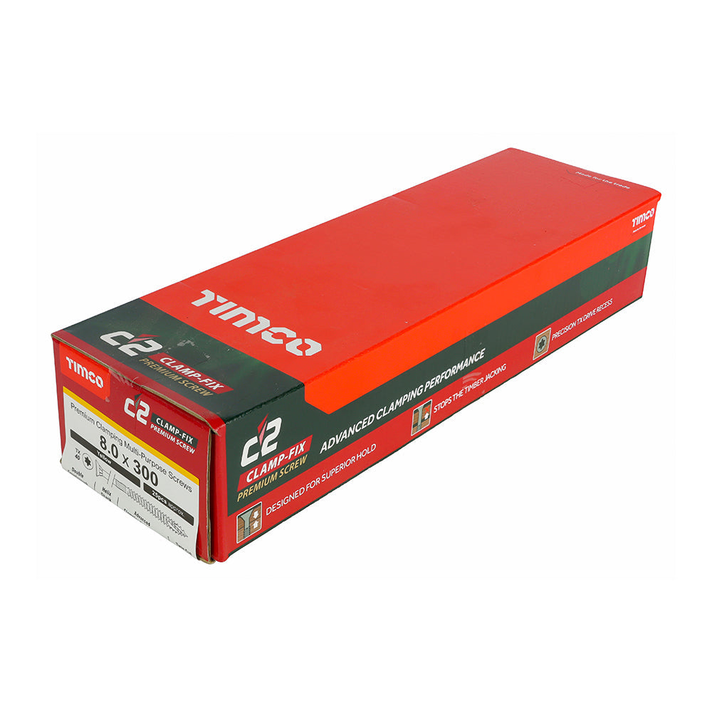 This is an image of Timco - C2 Clamp-Fix Screws - TX - Double Countersunk with Ribs - Twin-Cut - Yellow 8.0 x 300mm - (25 PCS Box) 80300C2C