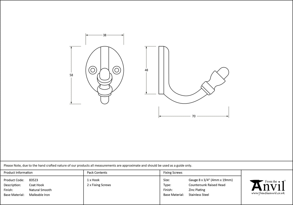 From The Anvil - Natural Smooth Coat Hook | Sku. 83523 | Trade Door Handles.