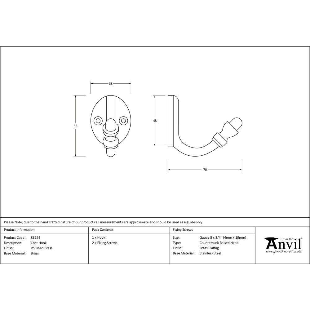 From The Anvil - Polished Brass Coat Hook | Sku. 83524 | Trade Door Handles.