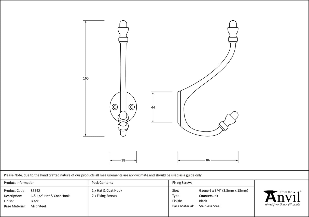 From The Anvil - Black 6 1/2" Hat & Coat Hook | Sku. 83542 | Trade Door Handles.