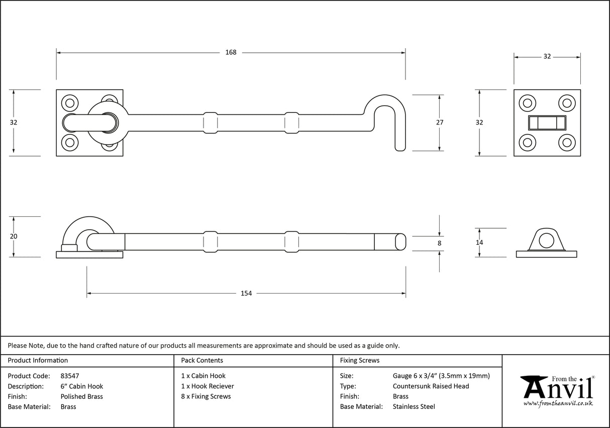 From The Anvil - Polished Brass 6" Cabin Hook | Sku. 83547 | Trade Door Handles.