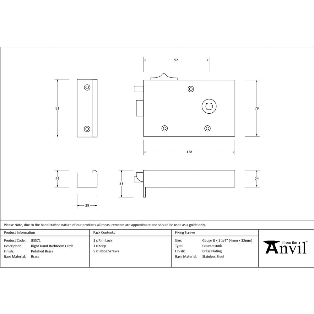 From The Anvil - Polished Brass Right Hand Bathroom Latch | Sku. 83571 | Trade Door Handles.
