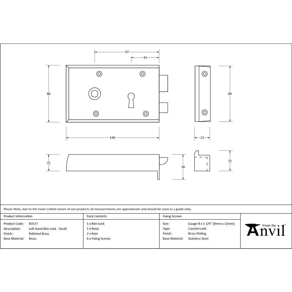 From The Anvil - Polished Brass Left Hand Rim Lock - Small | Sku. 83577 | Trade Door Handles.