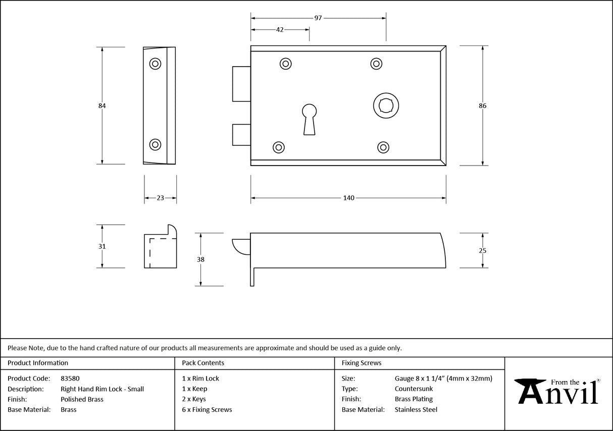 From The Anvil - Polished Brass Right Hand Rim Lock - Small | Sku. 83580 | Trade Door Handles.