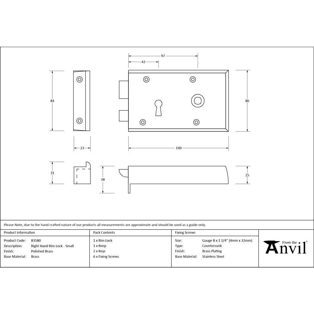 From The Anvil - Polished Brass Right Hand Rim Lock - Small | Sku. 83580 | Trade Door Handles.