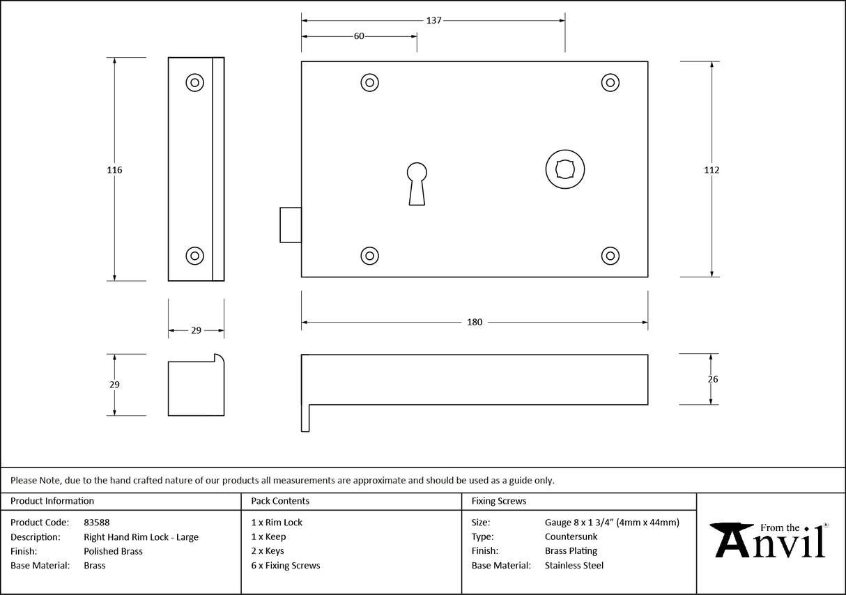 From The Anvil - Polished Brass Right Hand Rim Lock - Large | Sku. 83588 | Trade Door Handles.