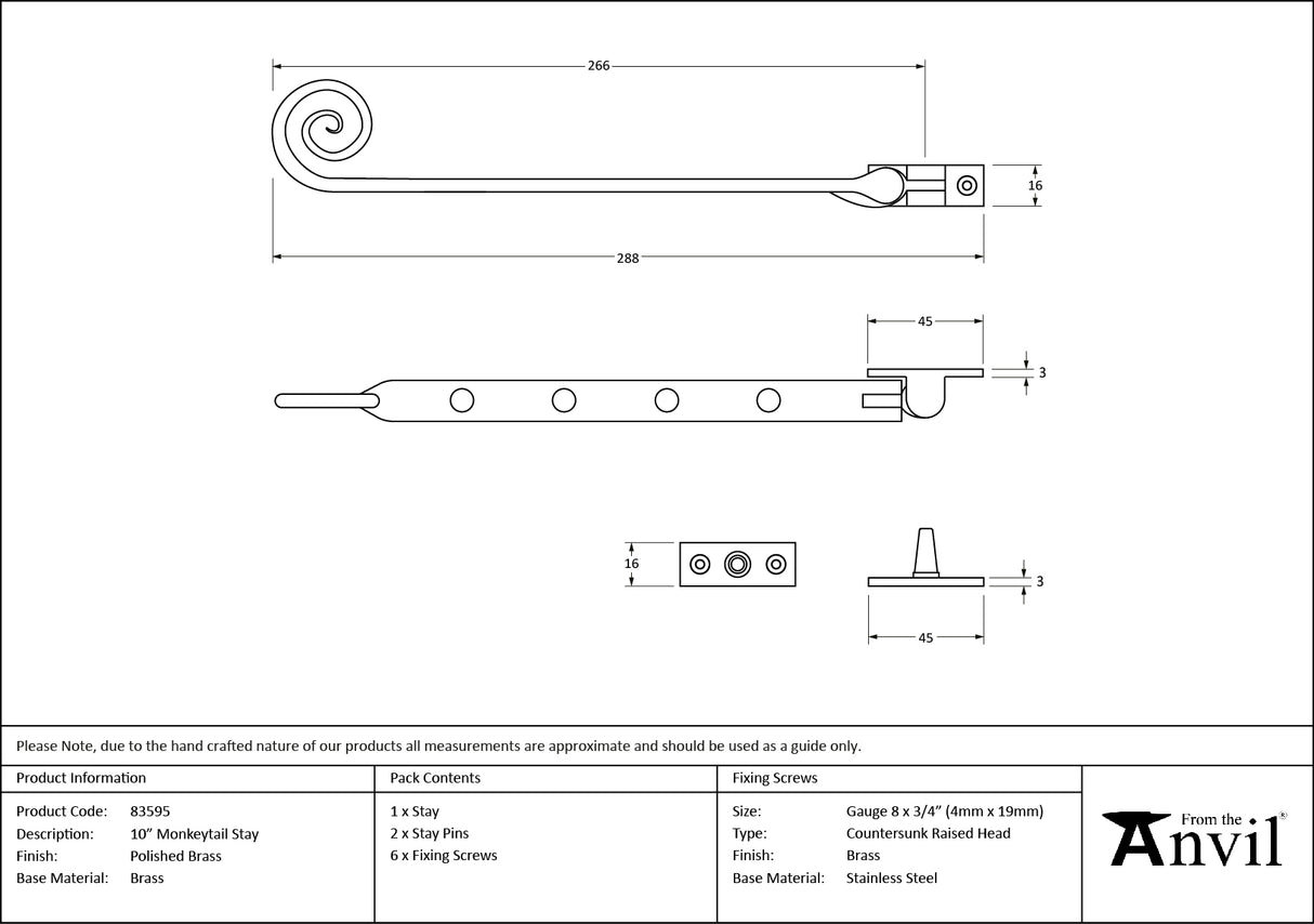 From The Anvil - Polished Brass 10" Monkeytail Stay | Sku. 83595 | Trade Door Handles.