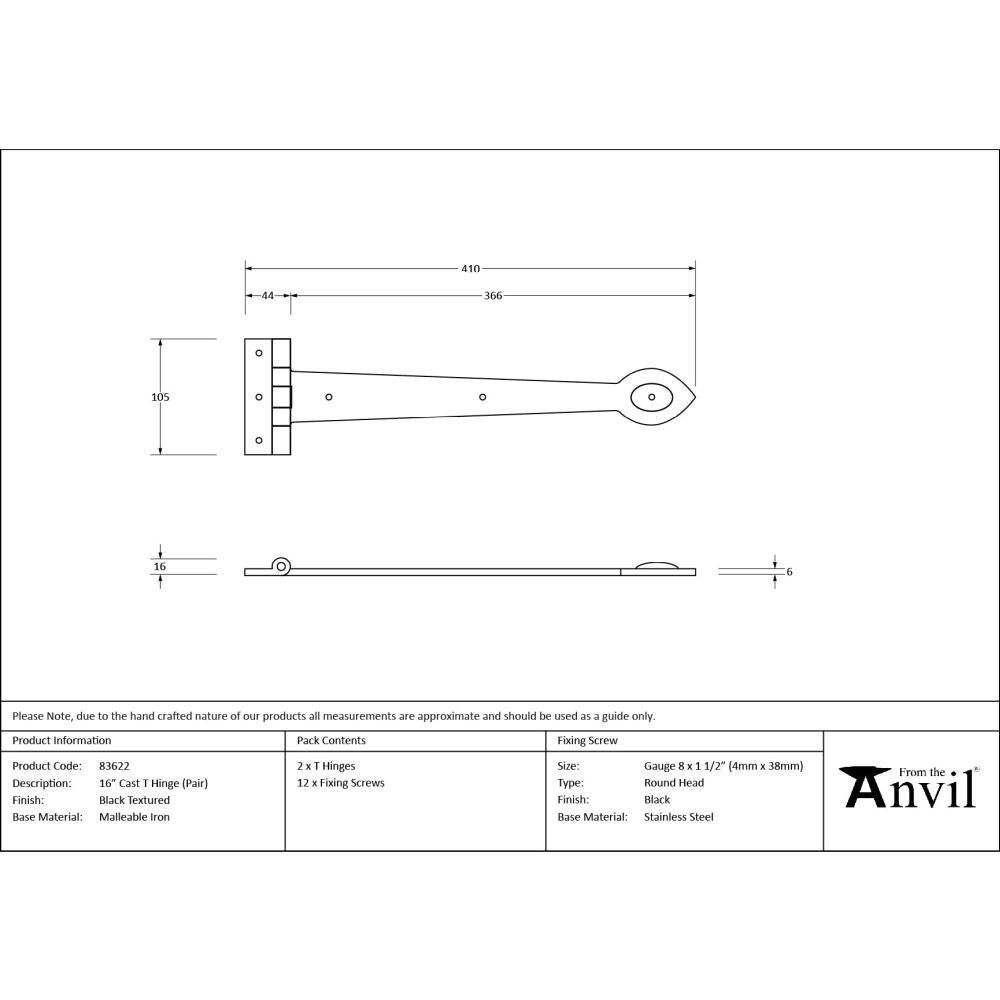 From The Anvil - Black Textured 16" Cast T Hinge (pair) | Sku. 83622 | Trade Door Handles.