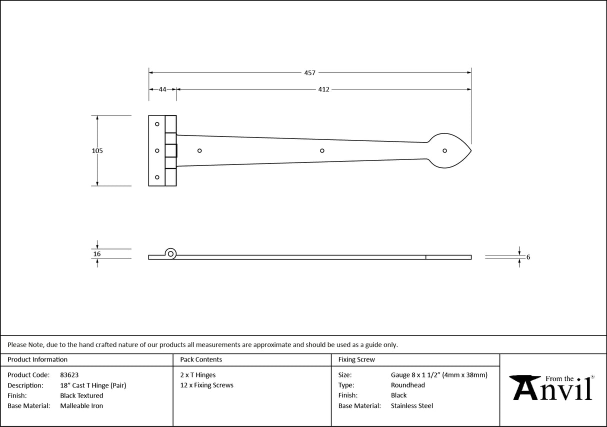 From The Anvil - Black Textured 18" Cast T Hinge (pair) | Sku. 83623 | Trade Door Handles.