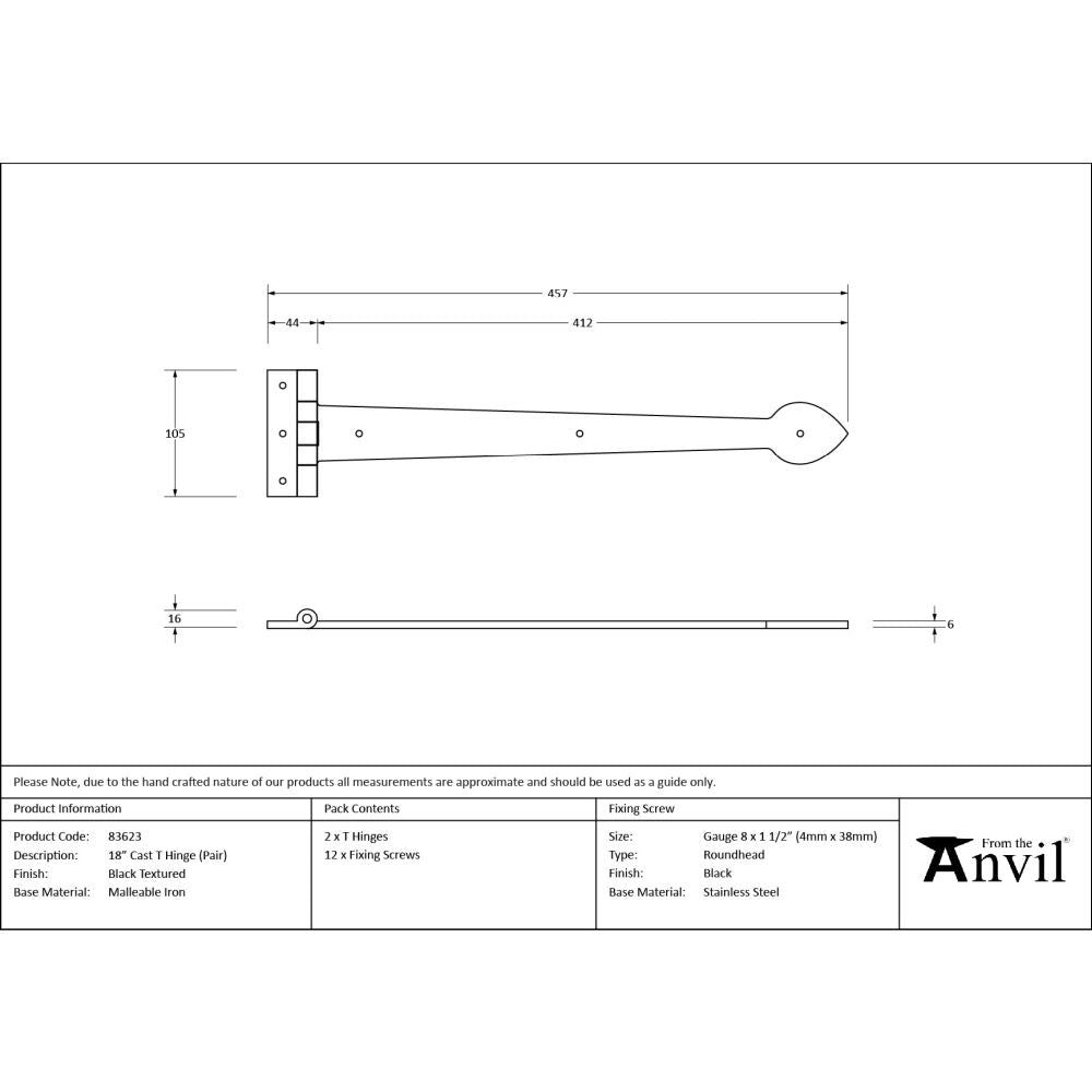 From The Anvil - Black Textured 18" Cast T Hinge (pair) | Sku. 83623 | Trade Door Handles.