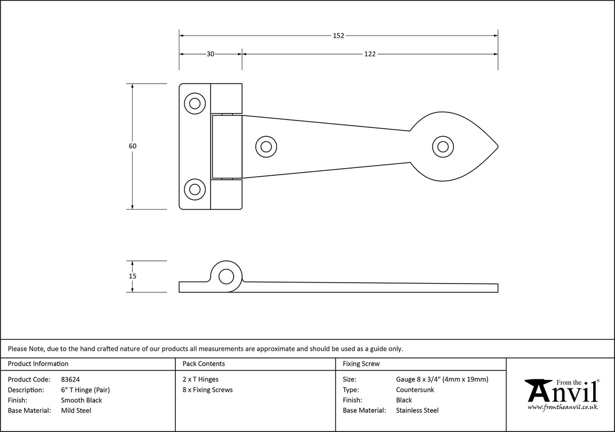 From The Anvil - Black Smooth 6" Cast T Hinge (pair) | Sku. 83624 | Trade Door Handles.