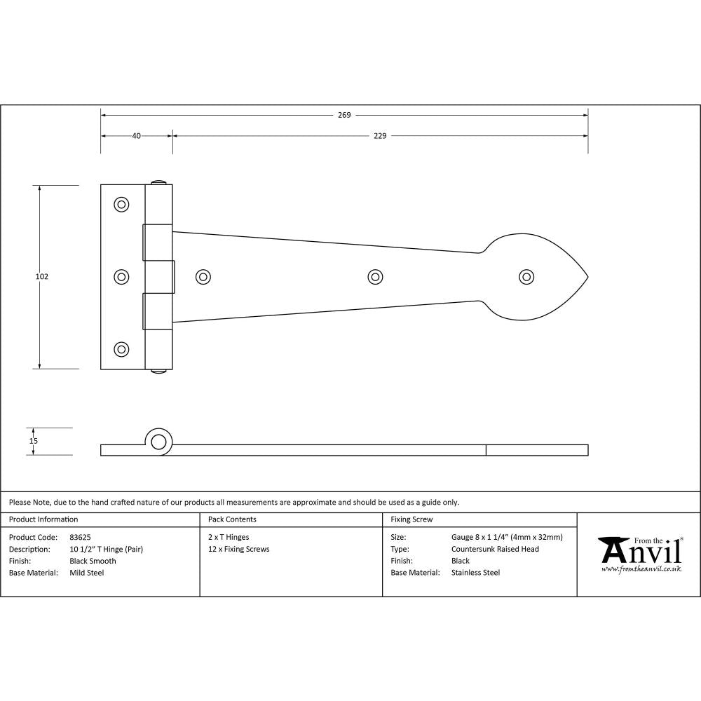 From The Anvil - Black Smooth 10‚¬Å¡½" Cast T Hinge (pair) | Sku. 83625 | Trade Door Handles.