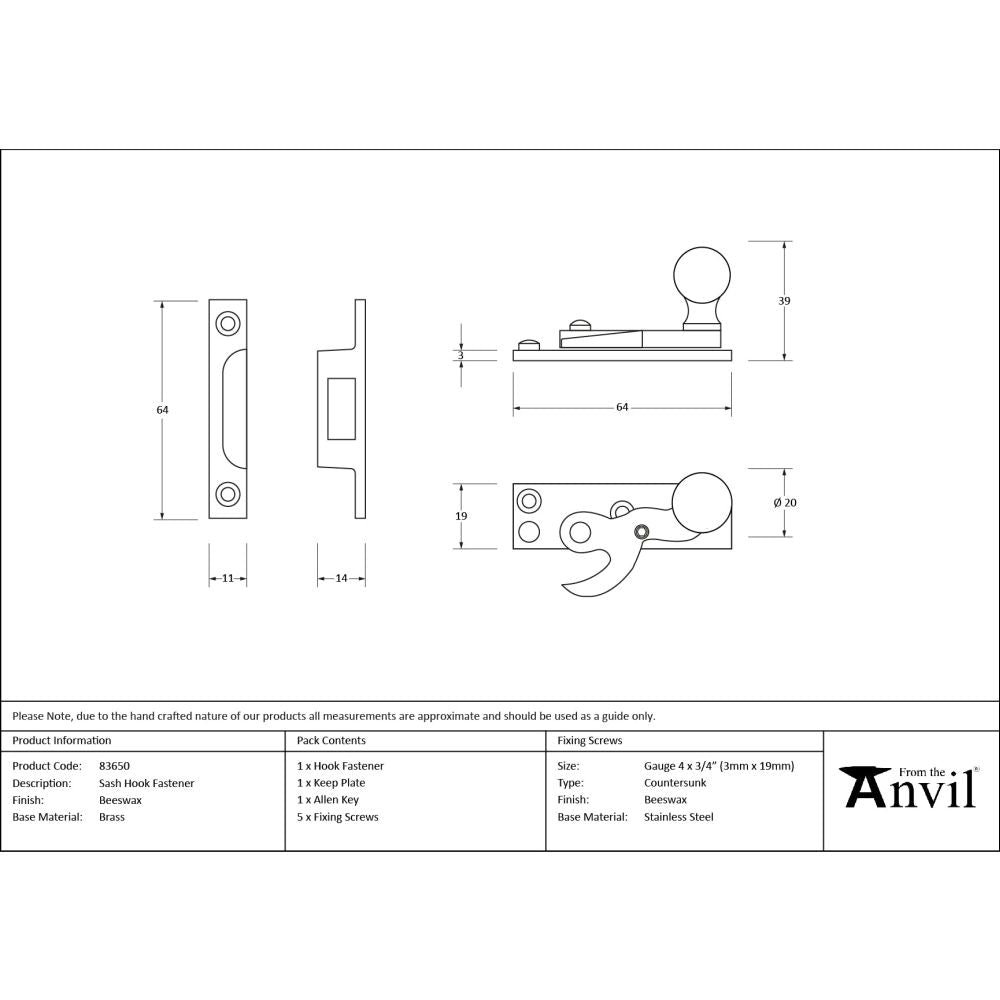 From The Anvil - Beeswax Sash Hook Fastener | Sku. 83650 | Trade Door Handles.