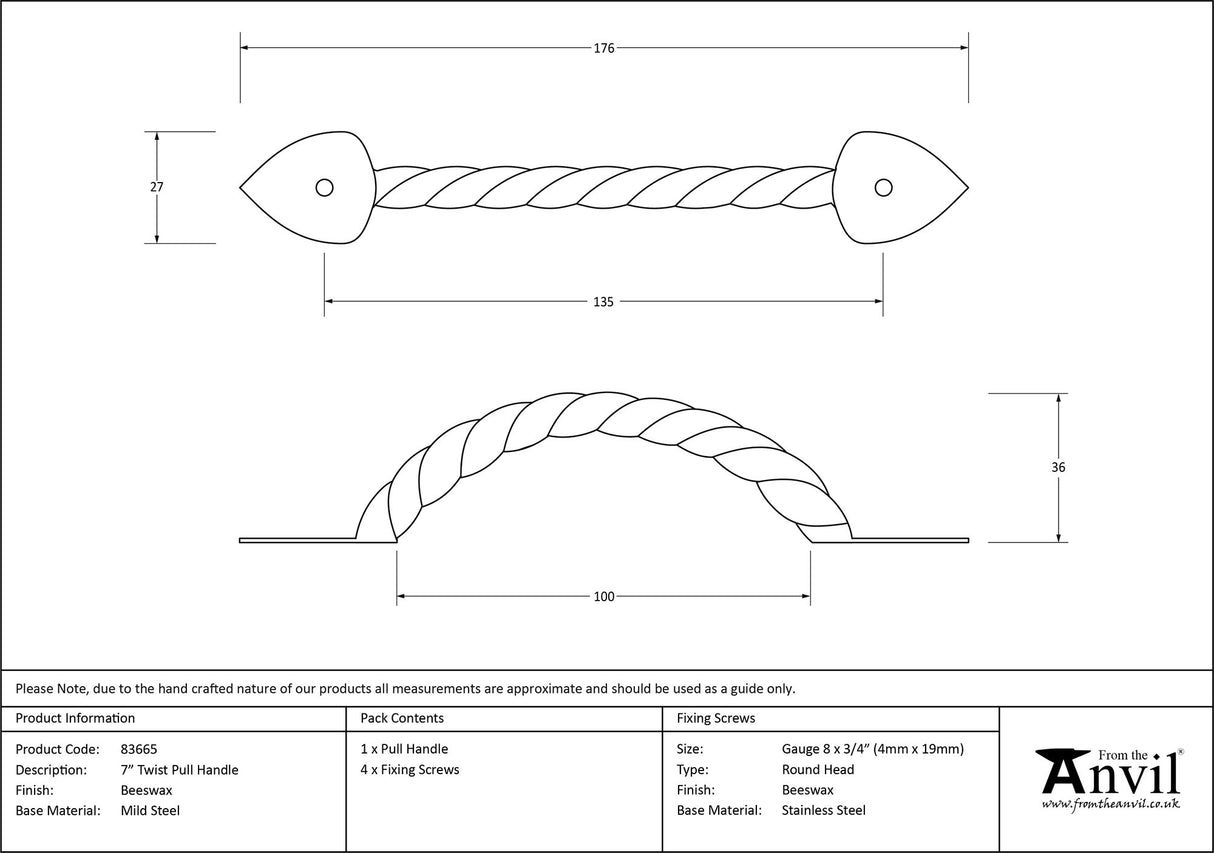 From The Anvil - Beeswax 7" Twist Pull Handle | Sku. 83665 | Trade Door Handles.