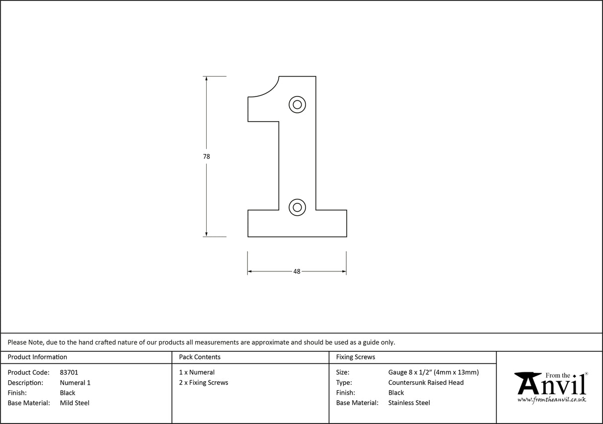 From The Anvil - Black Numeral 1 | Sku. 83701 | Trade Door Handles.