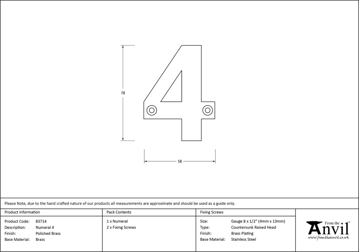 From The Anvil - Polished Brass Numeral 4 | Sku. 83714 | Trade Door Handles.