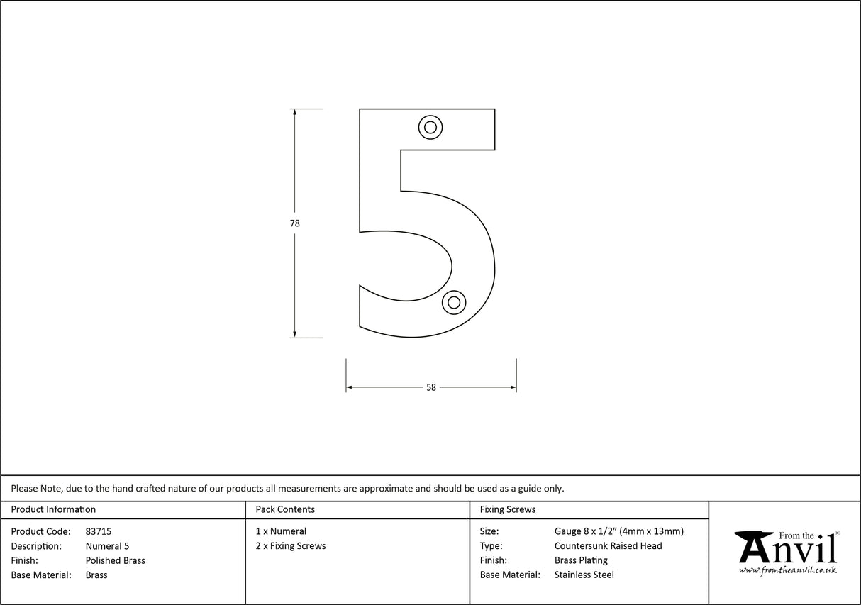 From The Anvil - Polished Brass Numeral 5 | Sku. 83715 | Trade Door Handles.