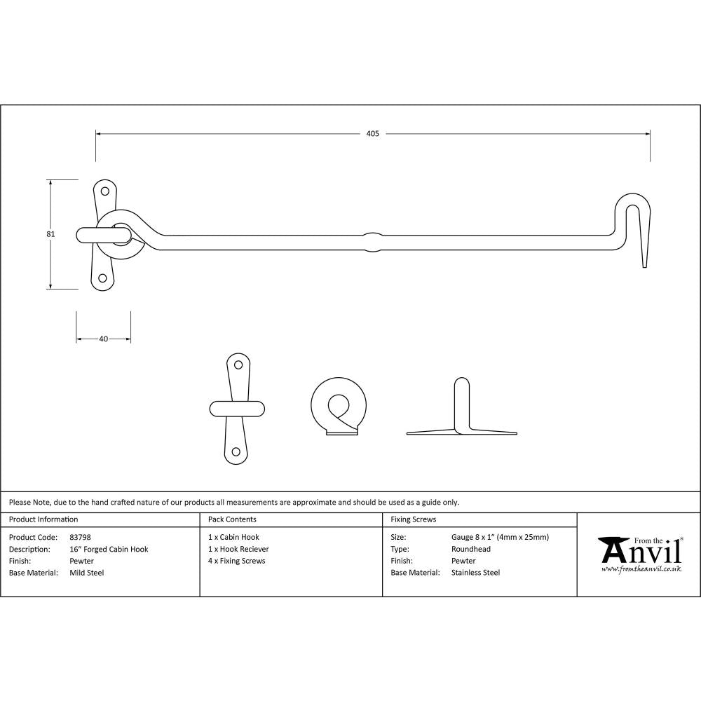 From The Anvil - Pewter 16" Forged Cabin Hook | Sku. 83798 | Trade Door Handles.