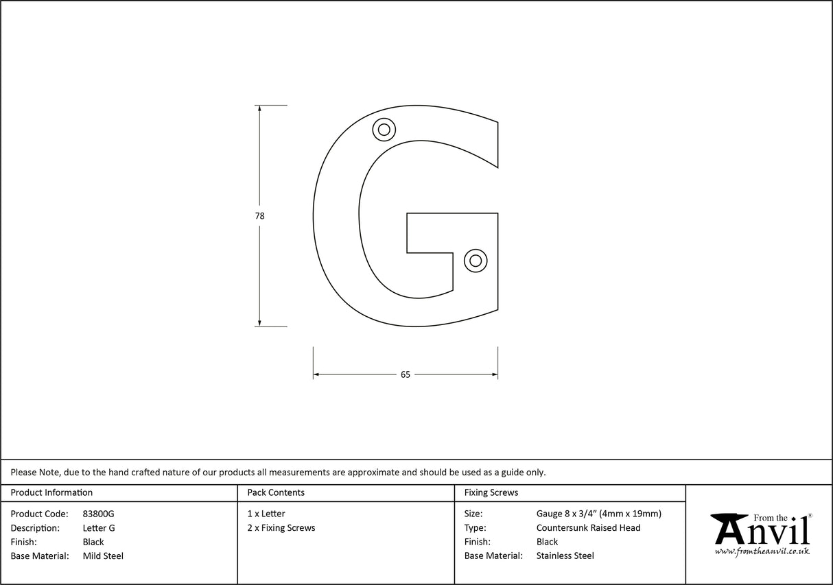 From The Anvil - Black Letter G | Sku. 83800G | Trade Door Handles.