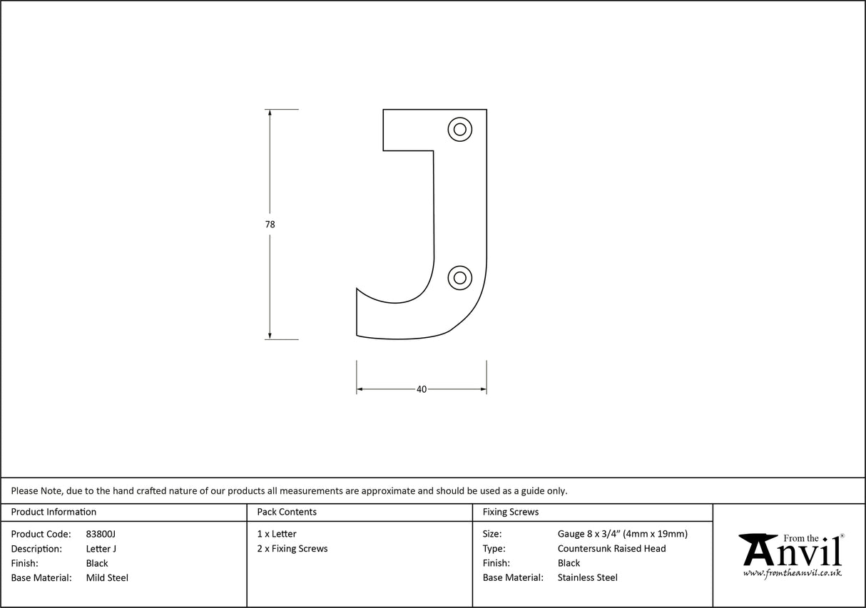 From The Anvil - Black Letter J | Sku. 83800J | Trade Door Handles.