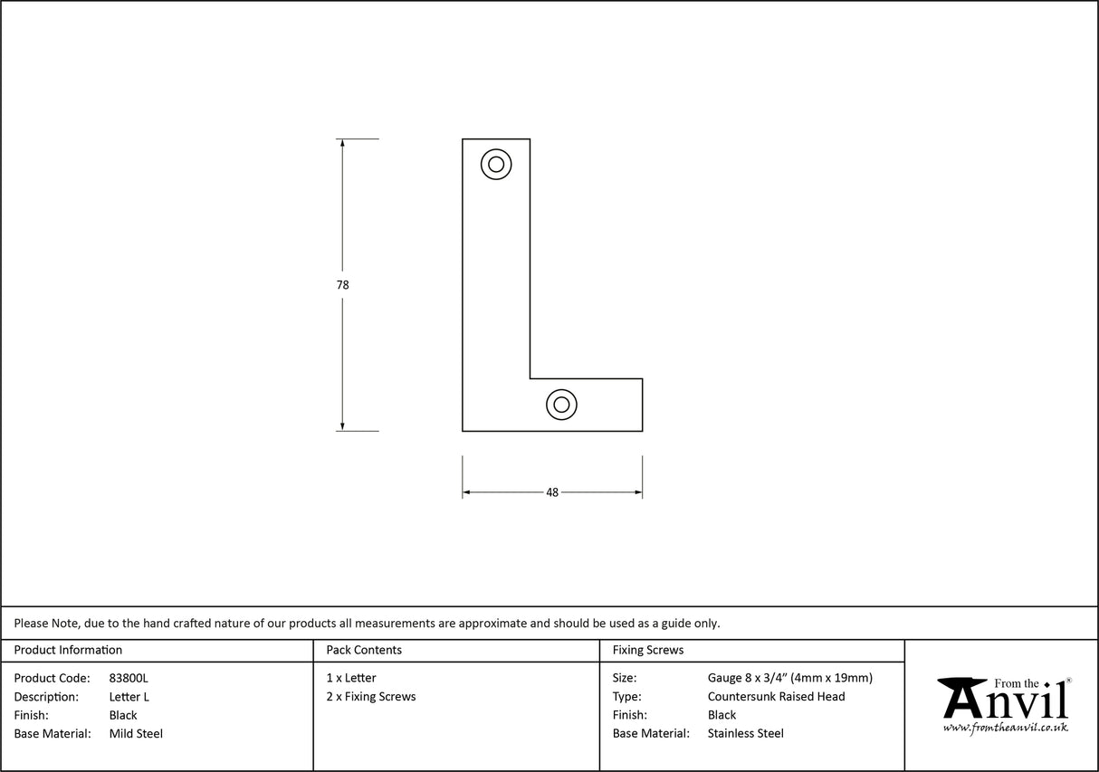 From The Anvil - Black Letter L | Sku. 83800L | Trade Door Handles.