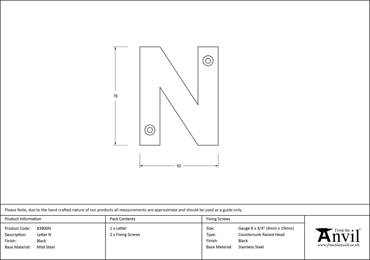 From The Anvil - Black Letter N | Sku. 83800N | Trade Door Handles.