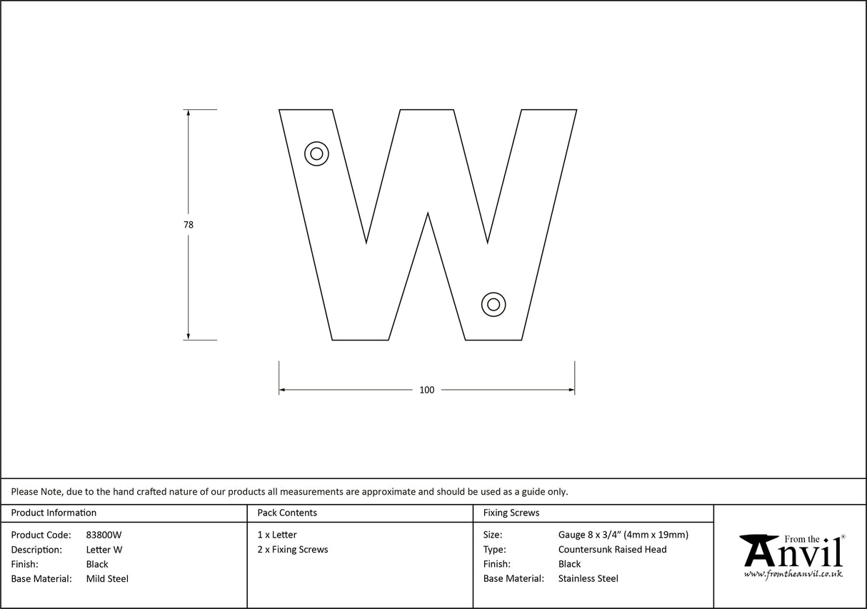 From The Anvil - Black Letter W | Sku. 83800W | Trade Door Handles.