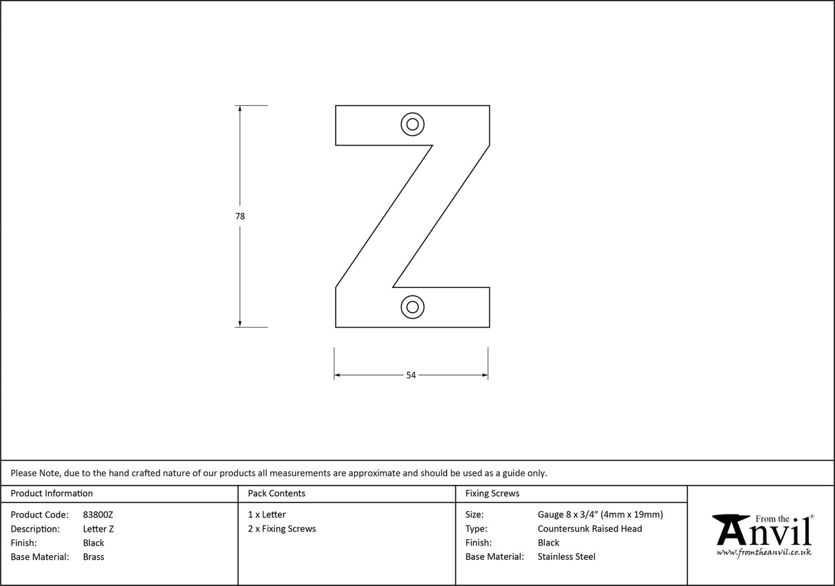 From The Anvil - Black Letter Z | Sku. 83800Z | Trade Door Handles.
