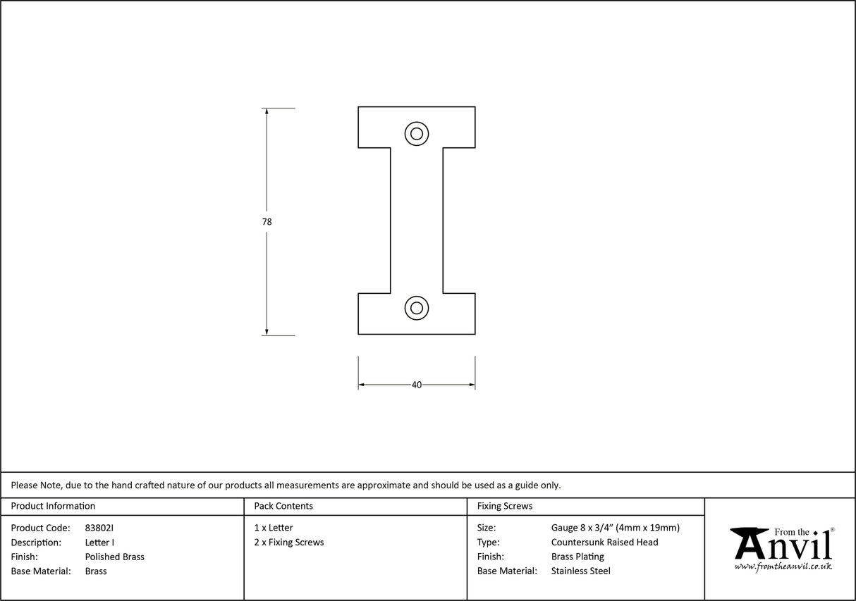 From The Anvil - Polished Brass Letter I | Sku. 83801I | Trade Door Handles.