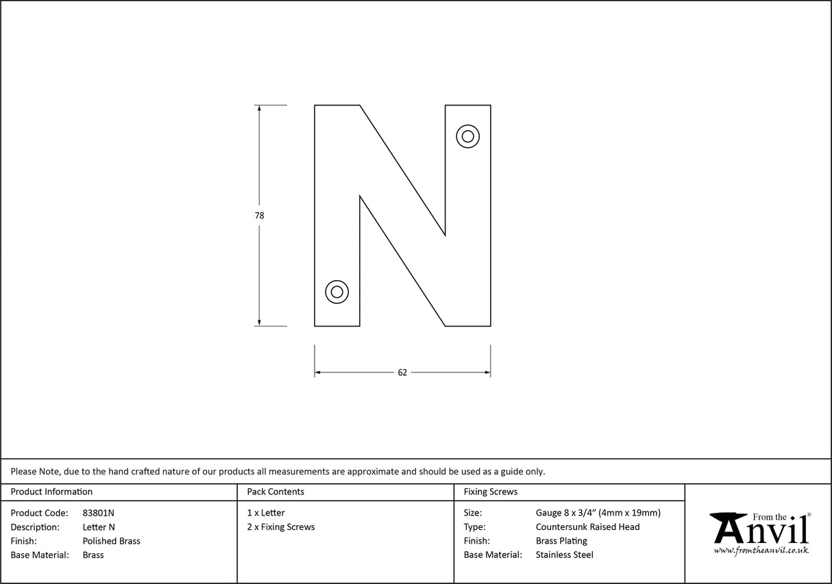 From The Anvil - Polished Brass Letter N | Sku. 83801N | Trade Door Handles.
