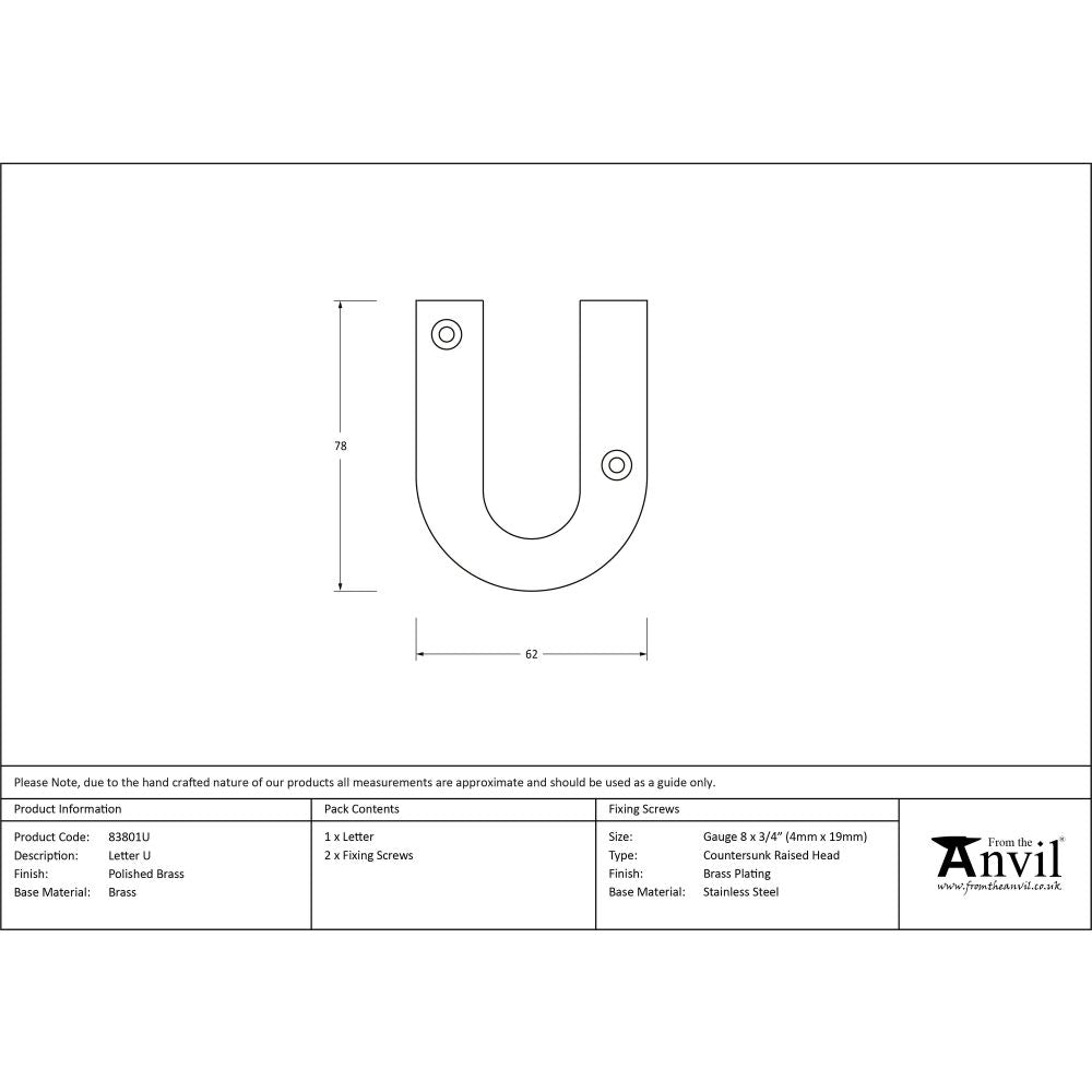 From The Anvil - Polished Brass Letter U | Sku. 83801U | Trade Door Handles.