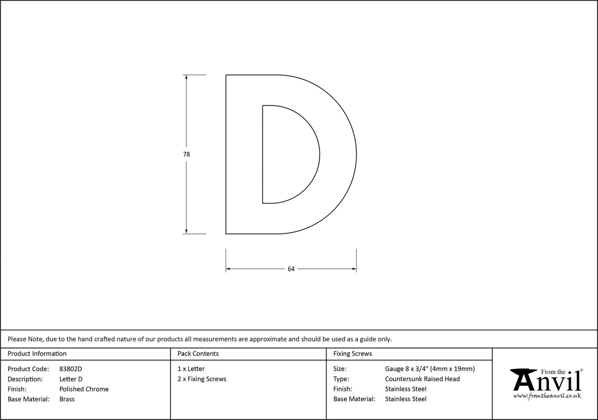 From The Anvil - Polished Chrome Letter D | Sku. 83802D | Trade Door Handles.