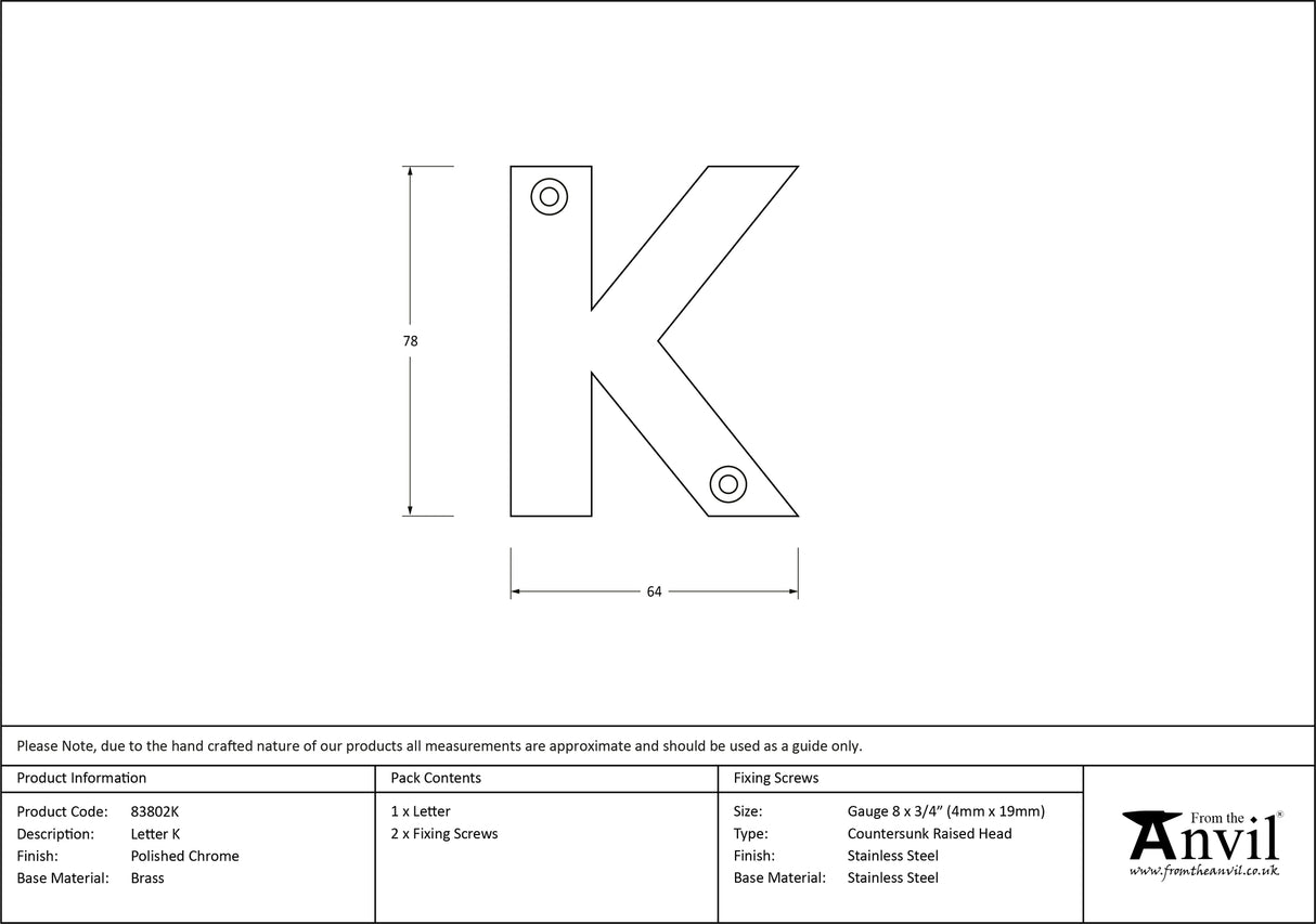 From The Anvil - Polished Chrome Letter K | Sku. 83802K | Trade Door Handles.