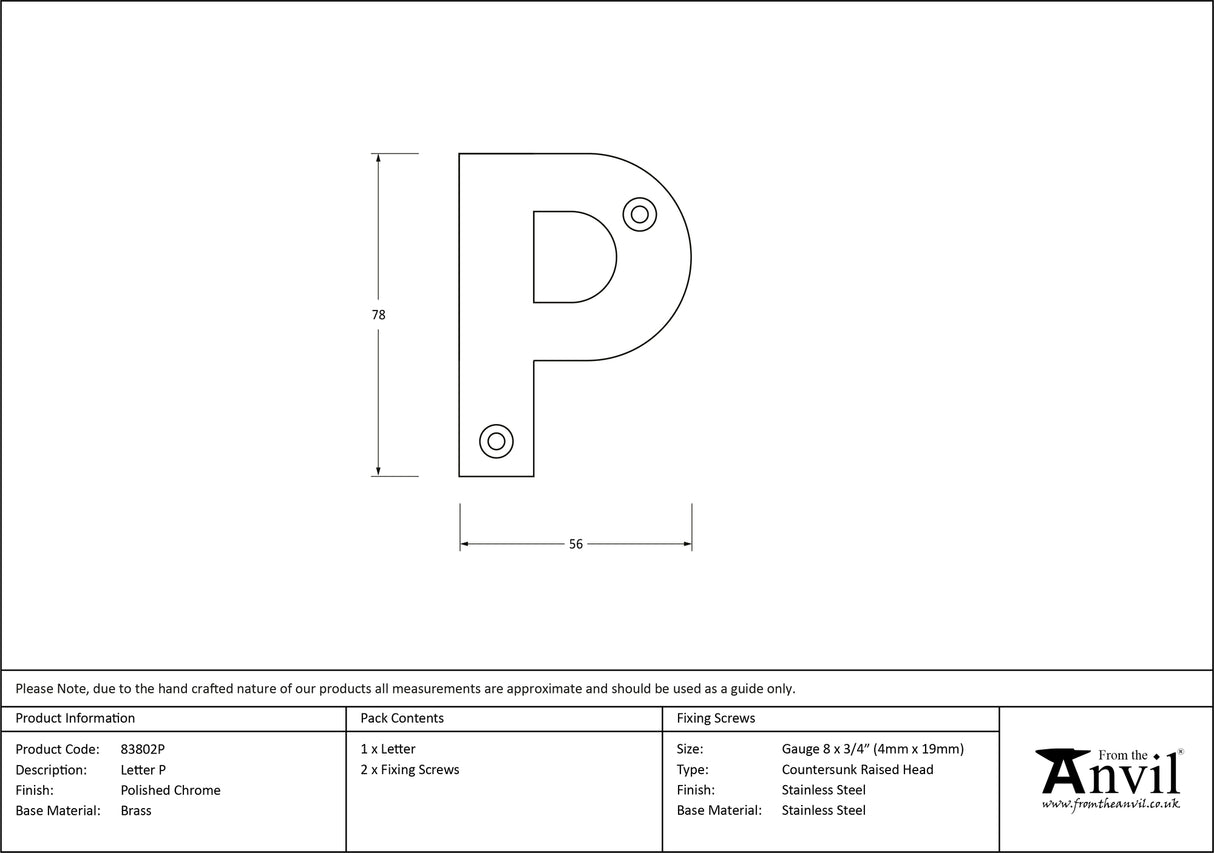 From The Anvil - Polished Chrome Letter P | Sku. 83802P | Trade Door Handles.