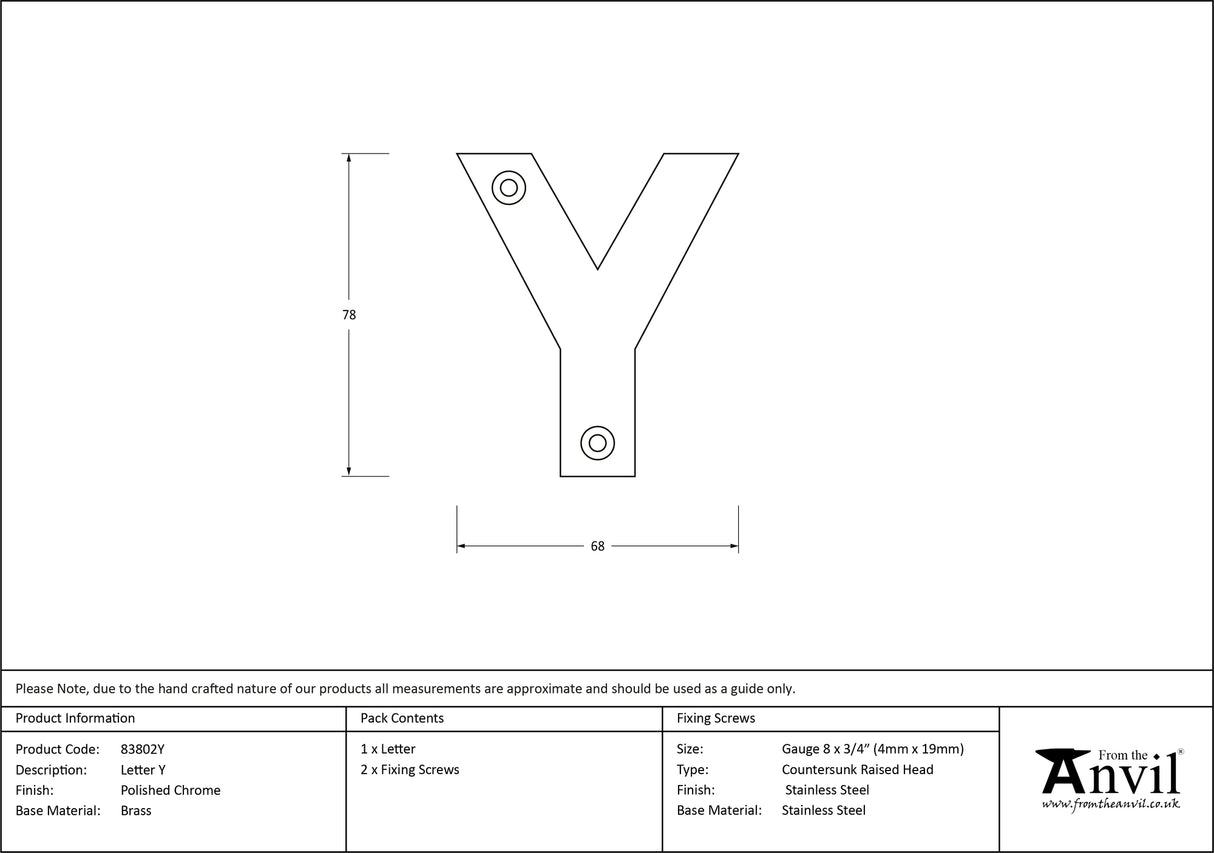 From The Anvil - Polished Chrome Letter Y | Sku. 83802Y | Trade Door Handles.