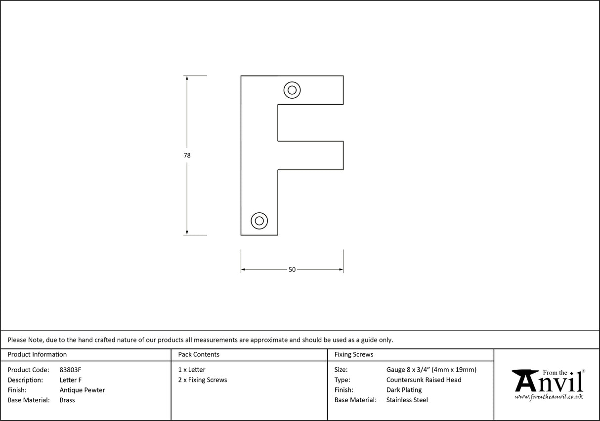 From The Anvil - Antique Pewter Letter F | Sku. 83803F | Trade Door Handles.