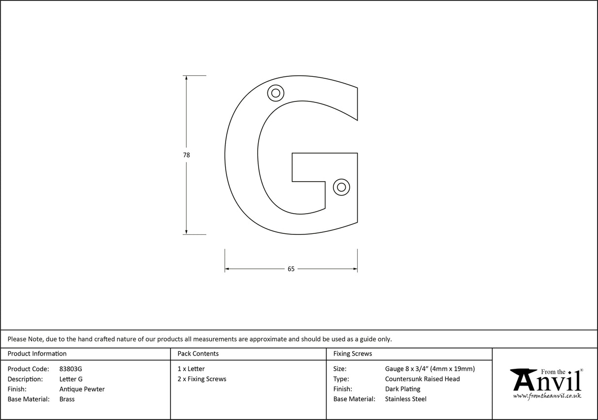 From The Anvil - Antique Pewter Letter G | Sku. 83803G | Trade Door Handles.