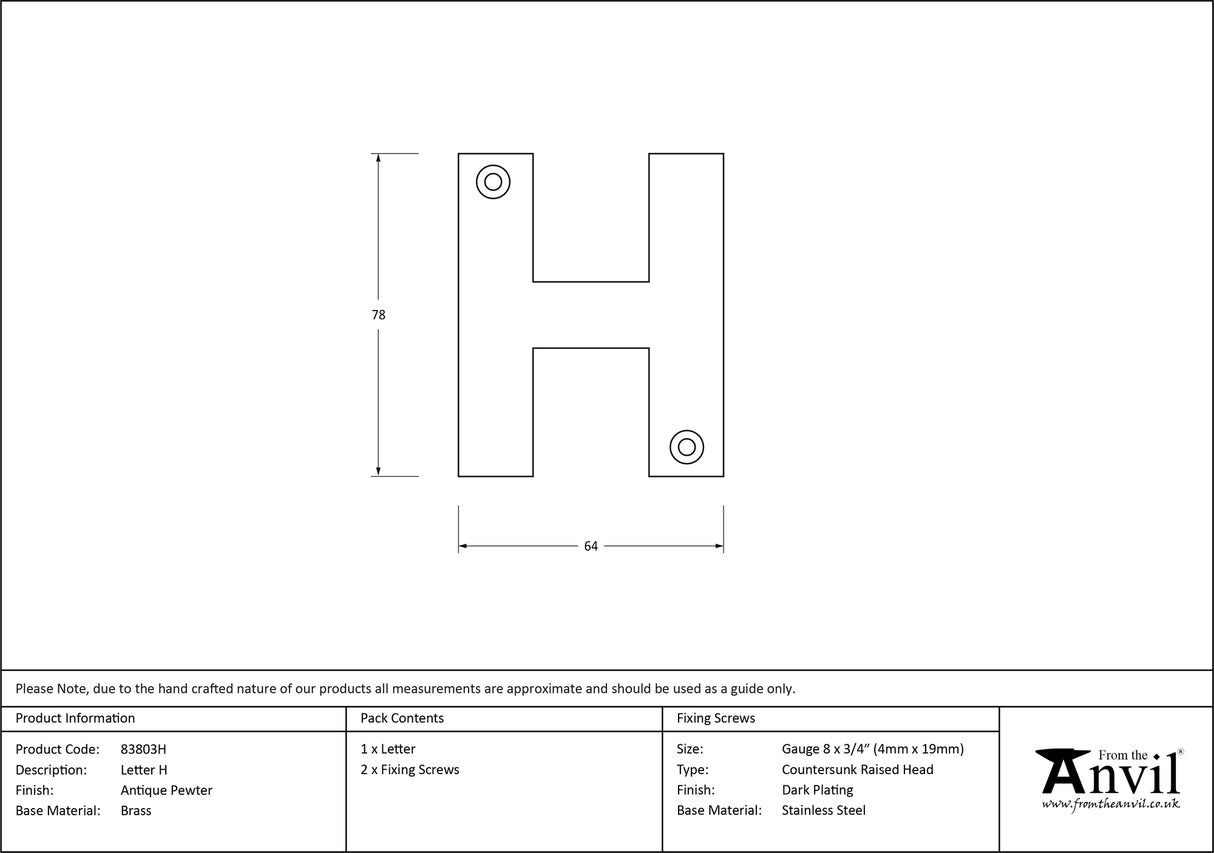 From The Anvil - Antique Pewter Letter H | Sku. 83803H | Trade Door Handles.