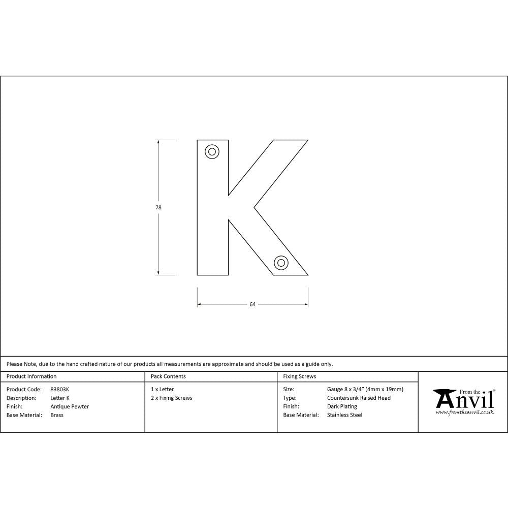 From The Anvil - Antique Pewter Letter K | Sku. 83803K | Trade Door Handles.