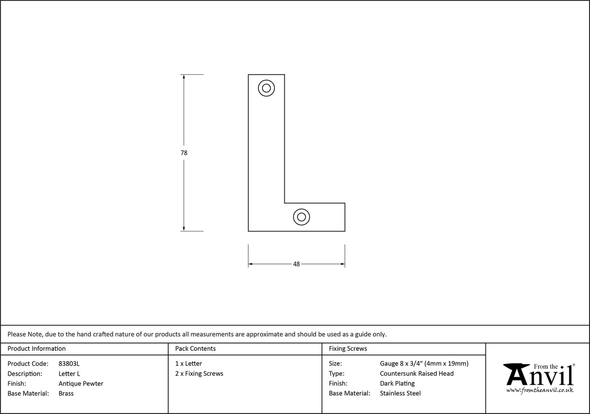 From The Anvil - Antique Pewter Letter L | Sku. 83803L | Trade Door Handles.